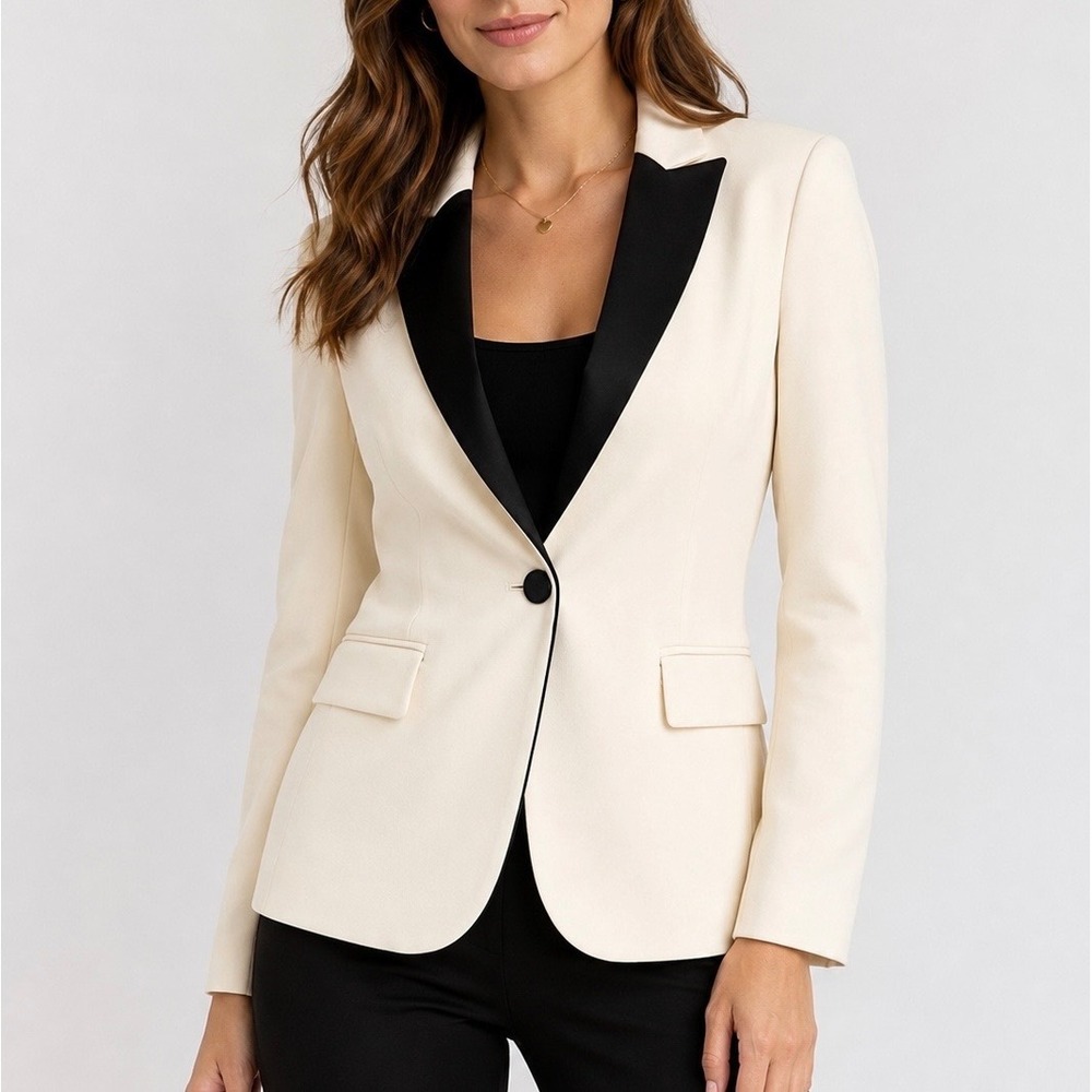 Tory Burch Tuxedo Blazer Contrast Lapel One Button Ivory Black Size 6